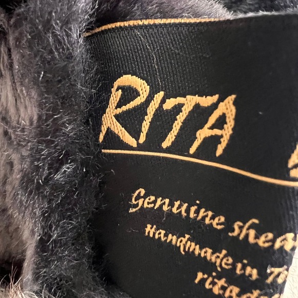 Rita Designs Genuine Shearling Leather Fur Trim Winter Hat Black Tan Handmade